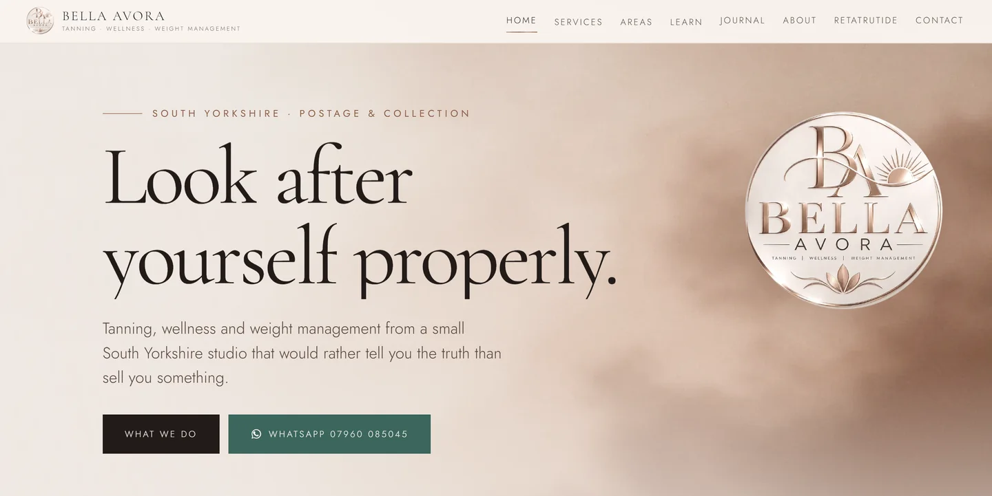 Bella Avora website — tanning, wellness and weight management in South Yorkshire, designed and built by Fisher.digital