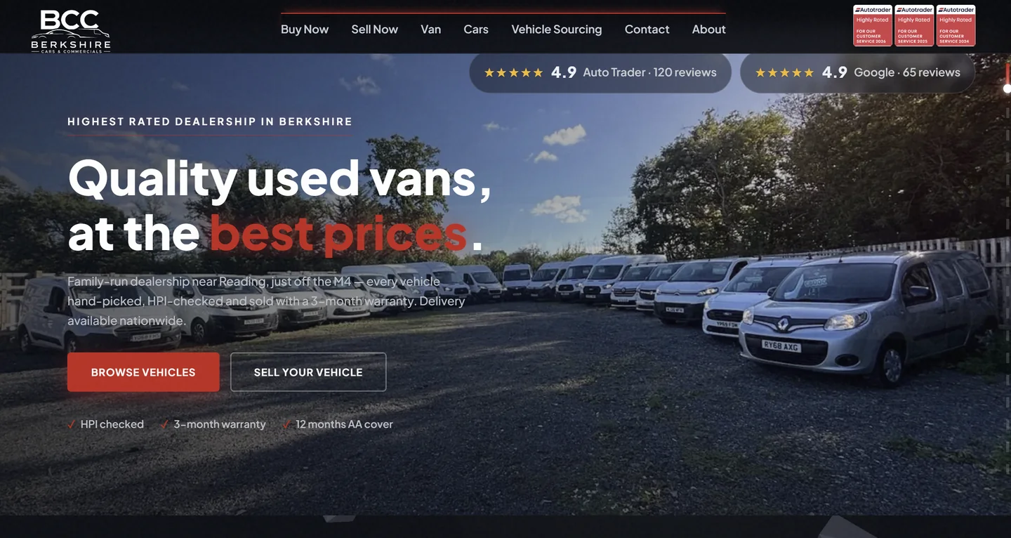 Berkshire Cars & Commercials website — a used van and car dealership near Reading, designed and built by Fisher.digital