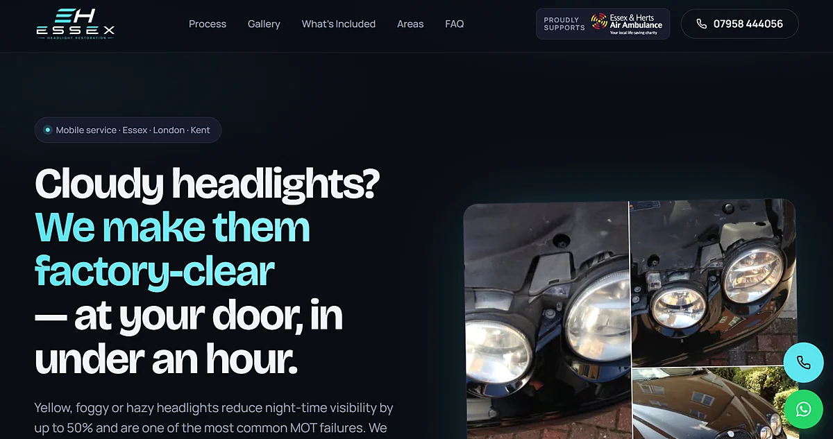 Essex Headlight Restoration website — mobile headlight restoration service in Essex, designed and built by Fisher.digital