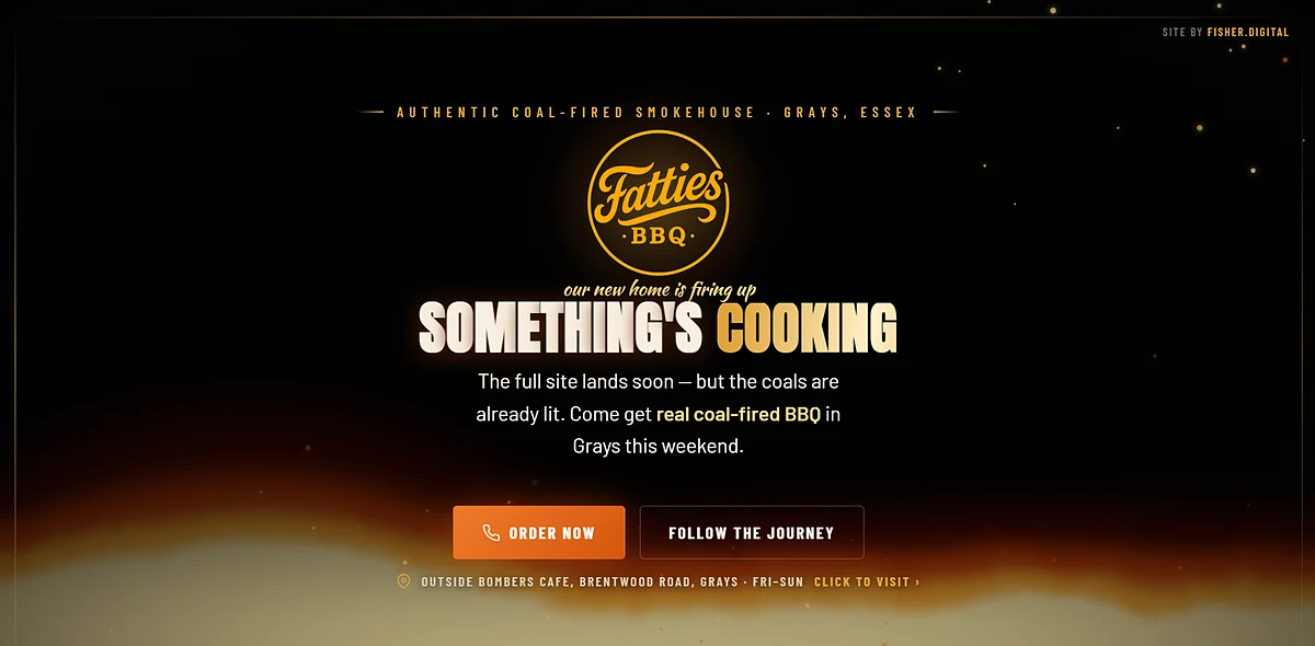 Fatties BBQ coming-soon website — a coal-fired smokehouse in Grays, Essex, designed and built by Fisher.digital